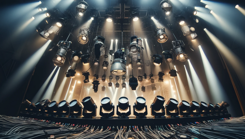 Here's the image depicting various types of Betopper stage lighting equipment interconnected with cables