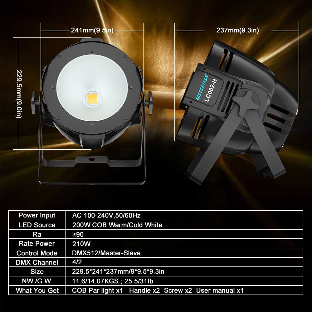Betopper 200W COB LED Stage Spotlights Warm Cold White LED Par Light LC002-H