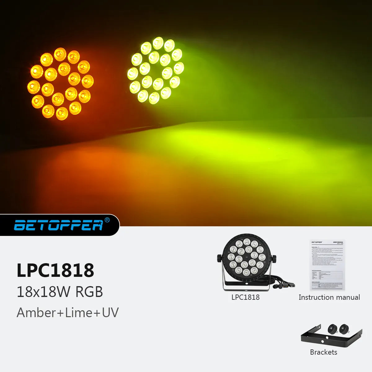Betopper LPC1818 Upgraded 18x18W Lime Amber UV + RGB LED PAR Light