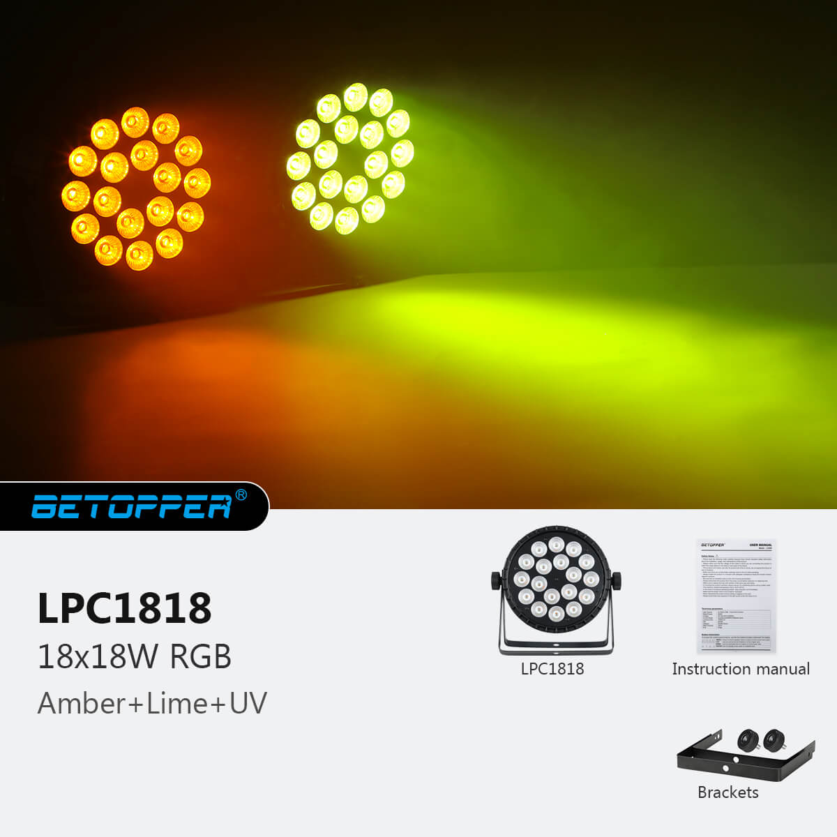 <tc>Betopper</tc> LPC1818 Luce PAR LED UV + RGB Lime Amber 18x18W migliorata