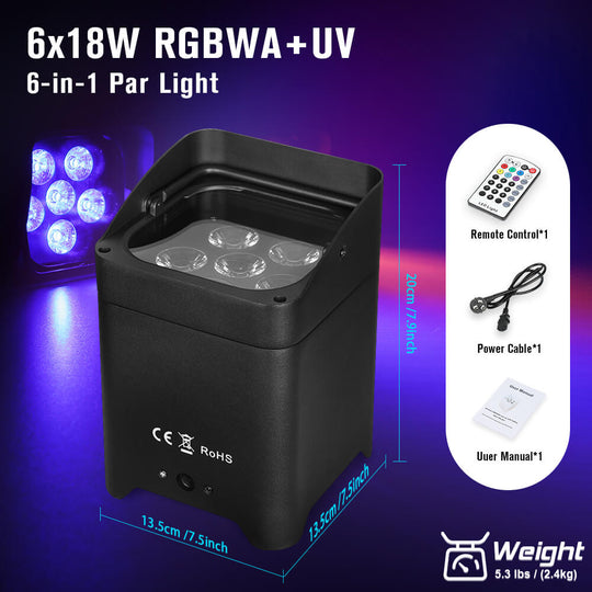 Betopper 6x18W RGBW Amber+UV 6-IN-1 Wireless LED Battery Par Light