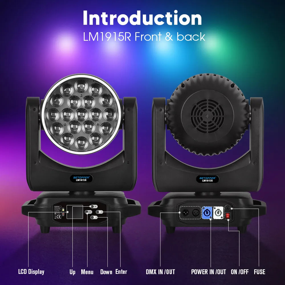 <tc>Betopper</tc> LM1915R 19x15w Wash Moving Head con anello Halo