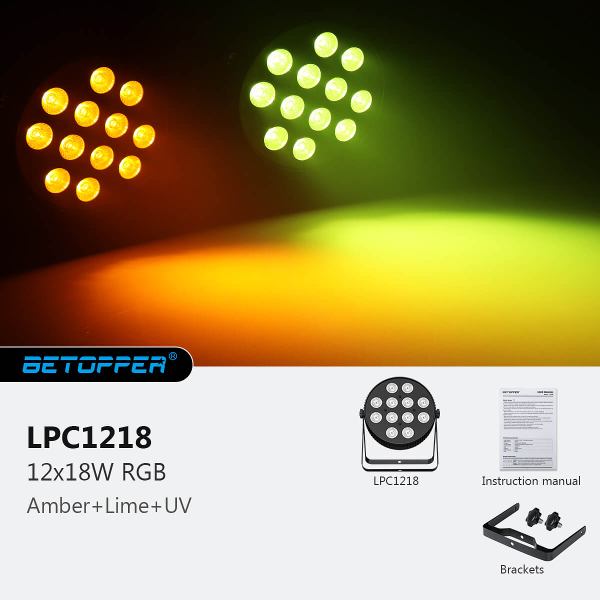 Betopper LPC1218 12x18W Lime Amber UV + RGB 6-in-1 LED PAR Light