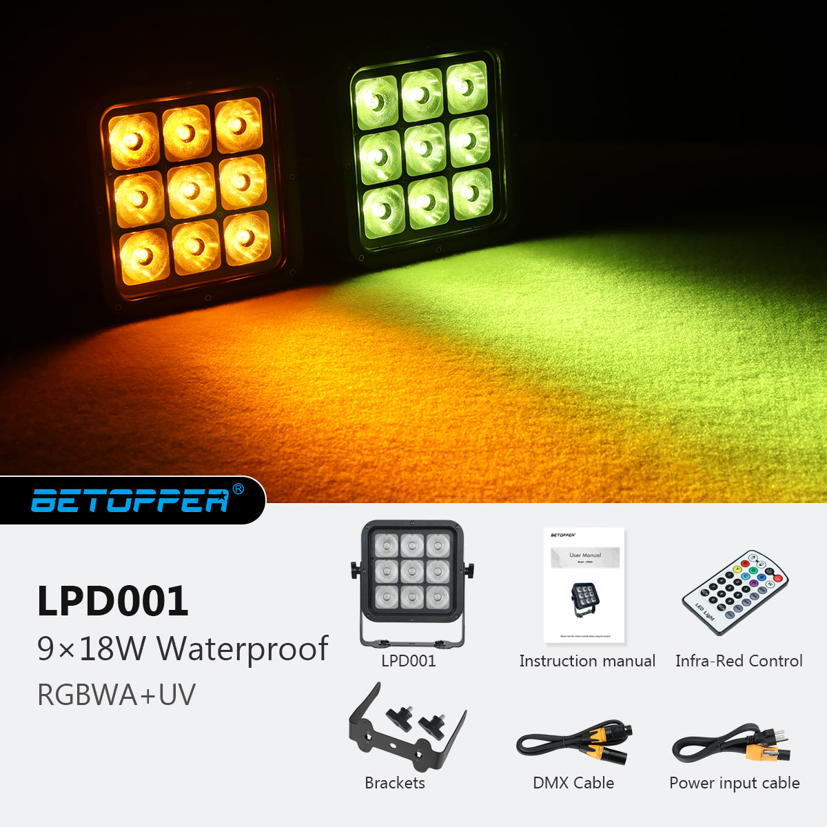 Betopper LPD001 9×18W RGBWA+UV 6-in-1 Battery-Powered IP65 Outdoor LED PAR Uplight